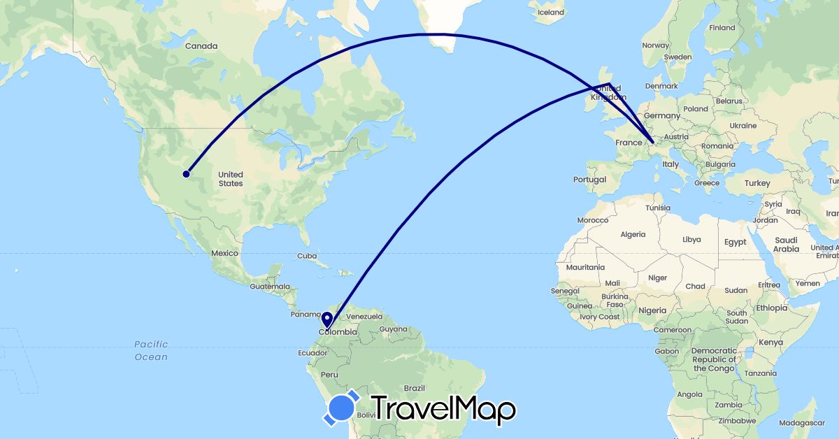 TravelMap itinerary: driving in Switzerland, Colombia, United Kingdom, United States (Europe, North America, South America)